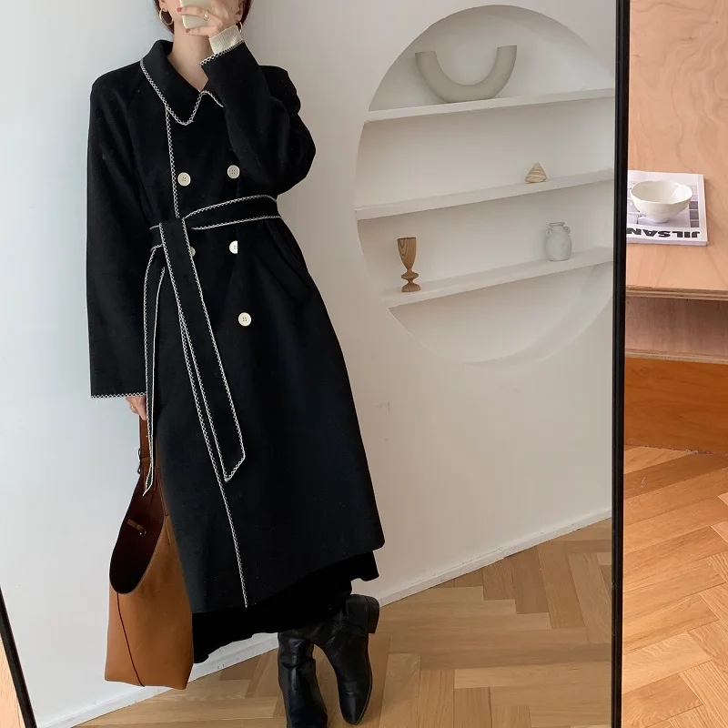 

Women Elegant Black Long Wool Coat Jacket Double Breasted Edging Woolen Overcoat with Waistbelt Full Sleeve Outerwear
