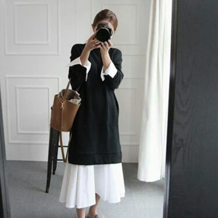 2020 весна лето мода новый o образным вырезом полный рукав сшивание Ложные две