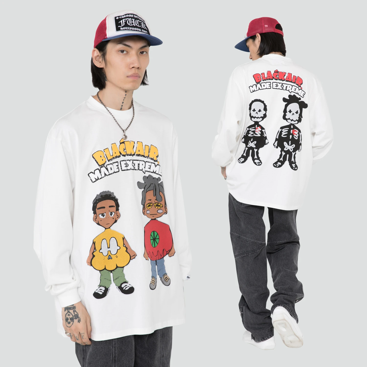 

Men Hip Hop T Shirt Streetwear Funny Skull Cartoons Print Harajuku Tshirt Loose T-shirt Oversize Cotton Tops Tees Long Sleeve