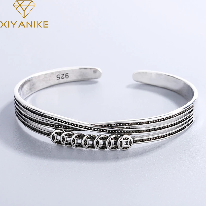 

XIYANIKE Silver Color New Ancient Coin Woven Bangles Female Retro Distressed Line Open Jewelry Wholesale Handmade Gift