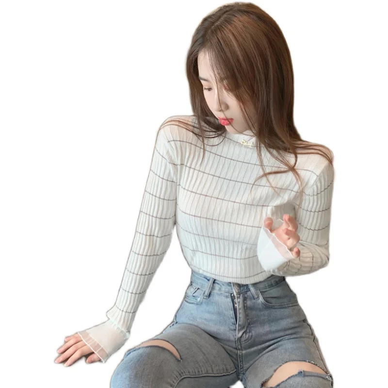 

Fashion knit sweater women 2020 autumn new thick half high neck lace bottoming sweater knit sweater slim top sweater