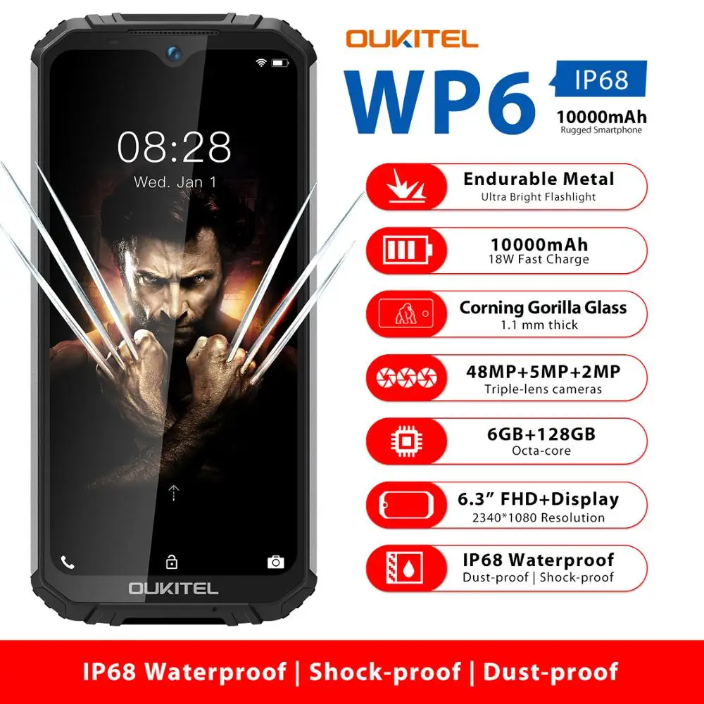 OUKITEL WP6 6.3&quot Mobile Phone IP68 Rugged Waterproof Smartphone MT6771T 6GB 128GB Octa Core 48MP Tri-Cameras Cellphone 10000mAh |