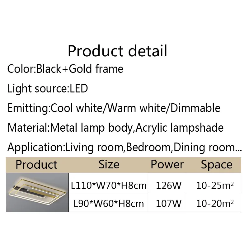 

Long Square Led Ceiling Light Modern Indoor Large Ceiling Lamp For Living Room Bedroom Dining Room Light Luminaires Black&Gold