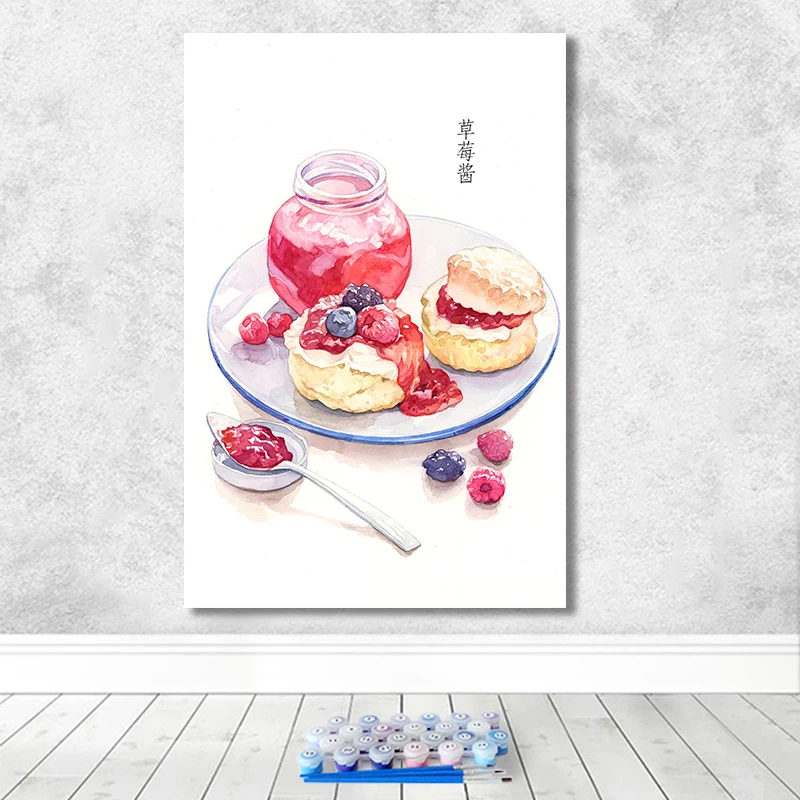 

Painting by Numbers Hand-painted Small Fresh Dessert Cake Strawberry Sauce Room Corridor Decoration Painting Paint by Number Art