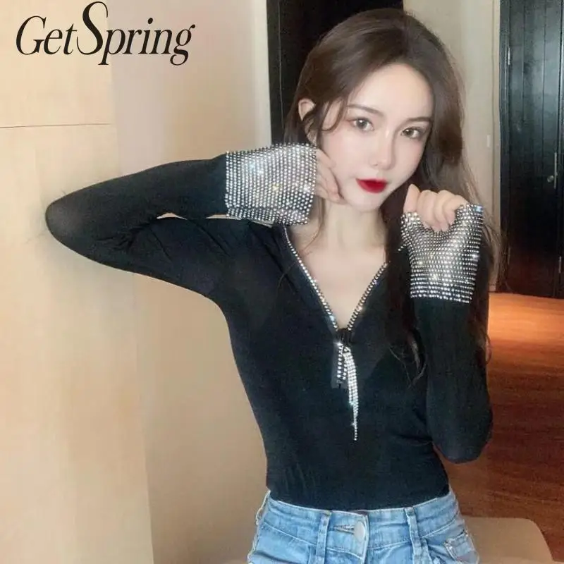 Женская футболка с длинным рукавом GetSpring Весенняя v образным вырезом и