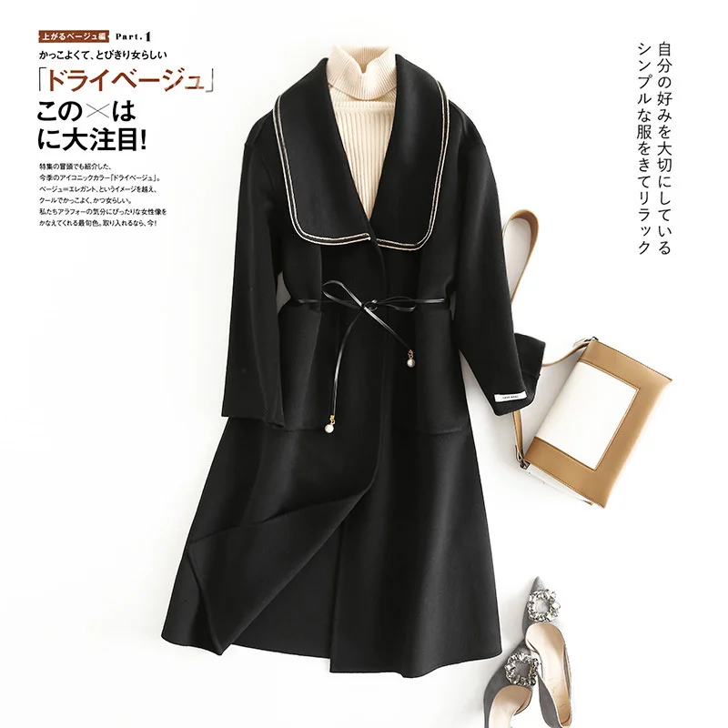 

Liangpin woven bag splicing large lapel pearl skin belt women's loose wool double-sided tweed coat tweed coat