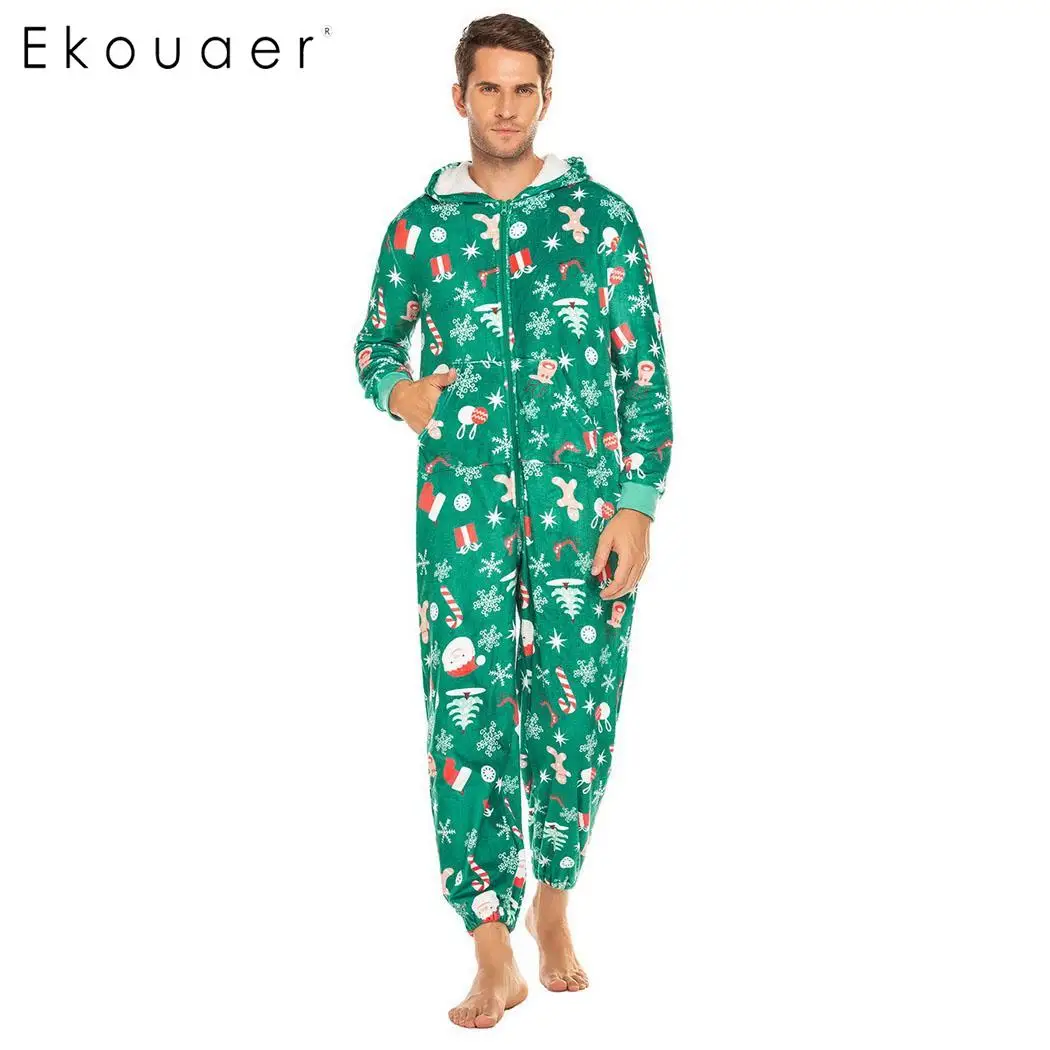 Ekouaer Men Winter Pajamas Christmas Sleepwear Soft Cozy One-piece Pajama Long Sleeve Hooded Autumn Nightwear Clothes | Мужская одежда