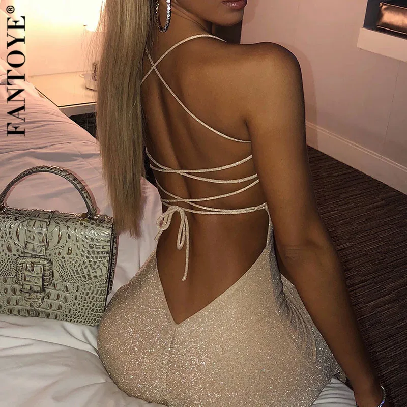 Женское блестящее мини-платье FANTOYE винтажное платье на шнуровке с открытой