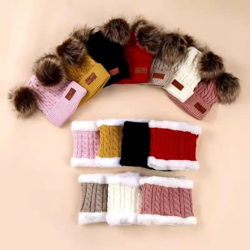 

VISROVER 7 Colorways Unisex Kid Solid Color Acrylic Winter Hat Snood Gloves Soft Winter Warm Skullies Hats Snood Gloves One Set