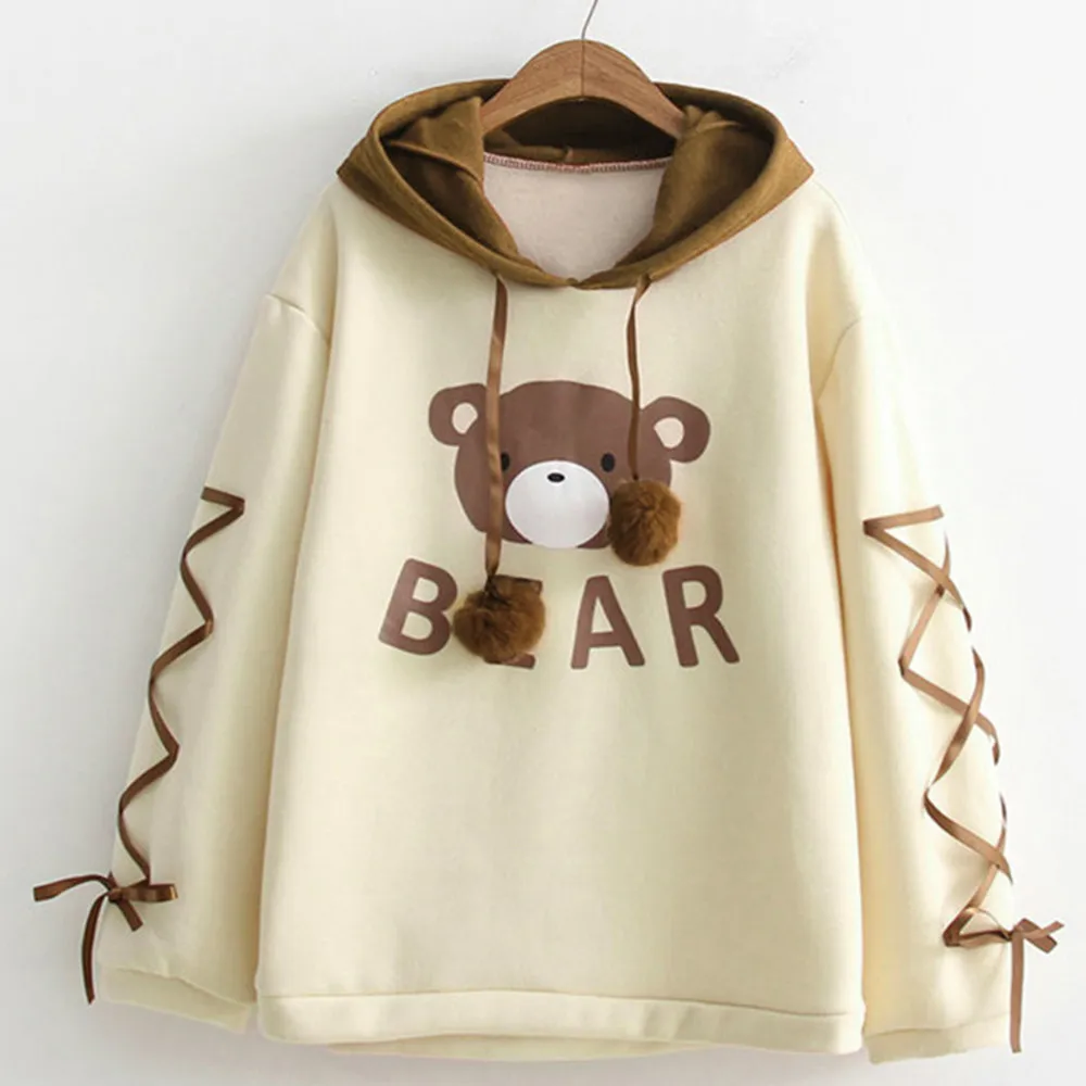 Women Wear A Bear Cap Printed Top Long Sleeve Hoodie With A Ribbon Hair Ball Cute Sweatshirt Streetwear Women Oversized Hoodies