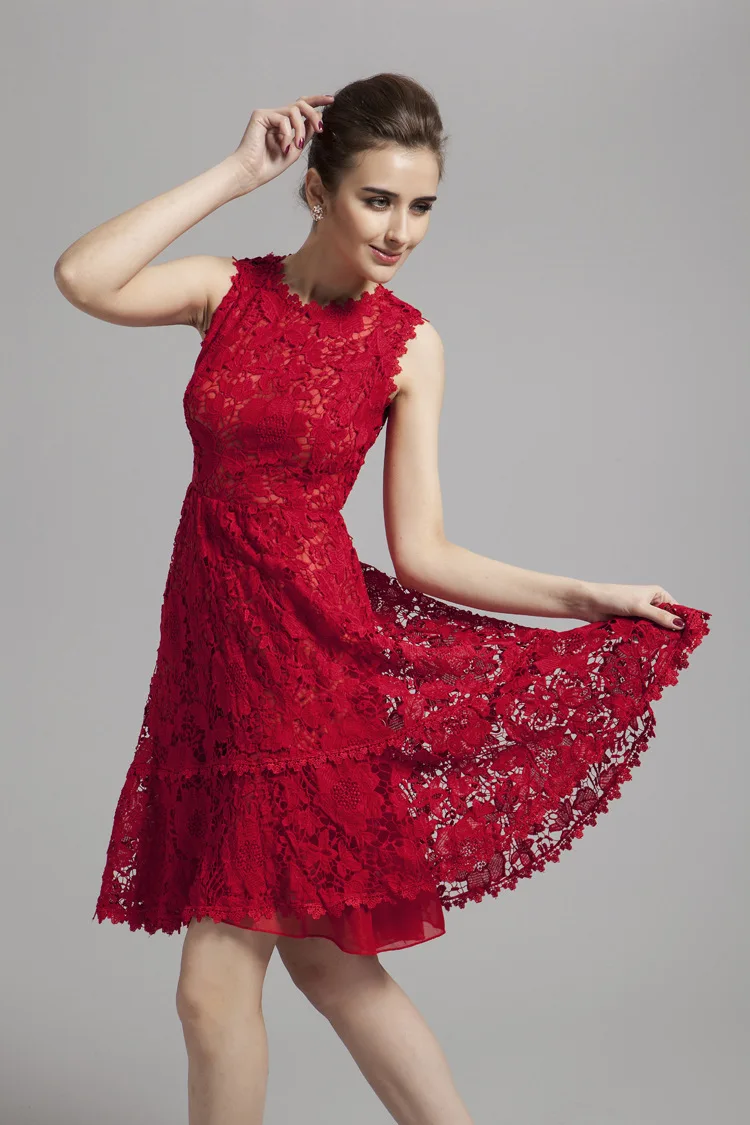 

Lady Milan Women's Runway Dresses O Neck Sleeveless Embroidery Lace High Street Fashion Designer Red Dresses