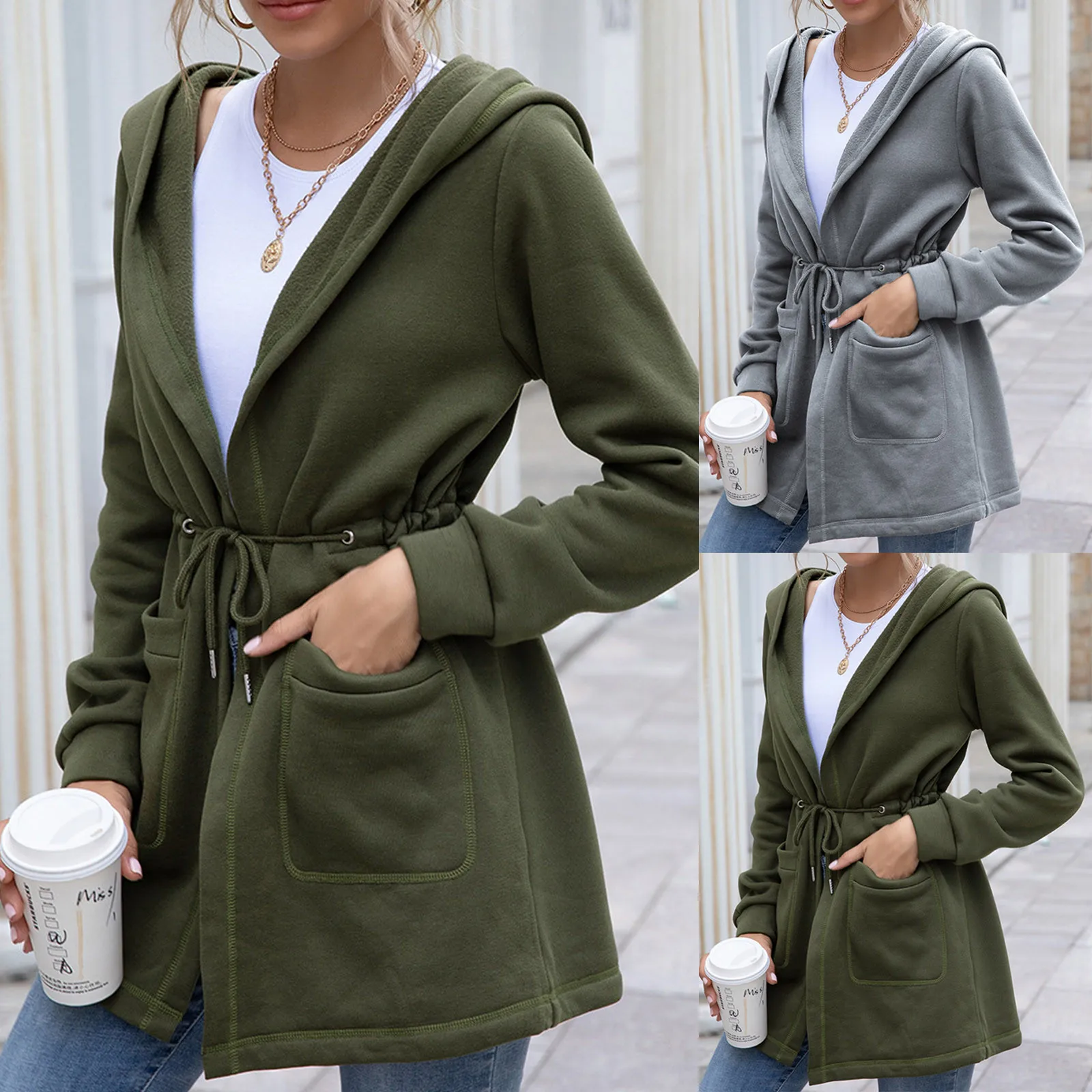 

Женские толстовки, повседневные модные однотонные ветровки средней длины с капюшоном, женские модные куртки, пальто, модные толстовки с кап...