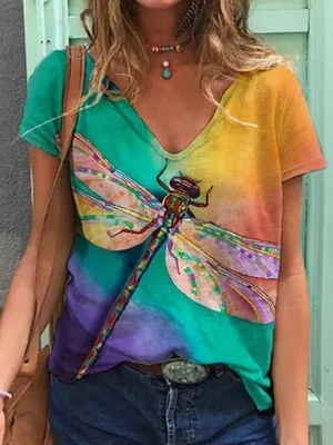 

3D Floral Printed T Shirt Women Short Sleeve V-Neck Loose Oversized Casual Tops 3XL Plus Size Streetwear Ladiess Tee Summer 2021