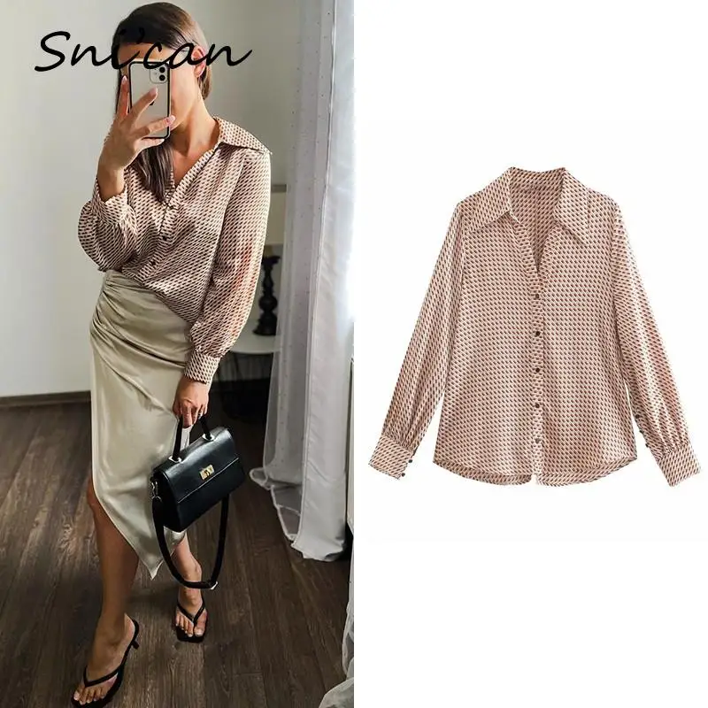 

Za Office Ladies Satin Blouse Za 2021 Women Summer Long Sleeve Geometrical Print Female Chic Tops Blusas Feminina Summer fashion