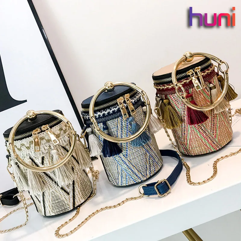 

Ins Chain Ethnic Style Ring Hand Single Shoulder Bag Straw Woven Cylinder Small Bag Small Fairy Tassel Bucket Bags Fashion Women