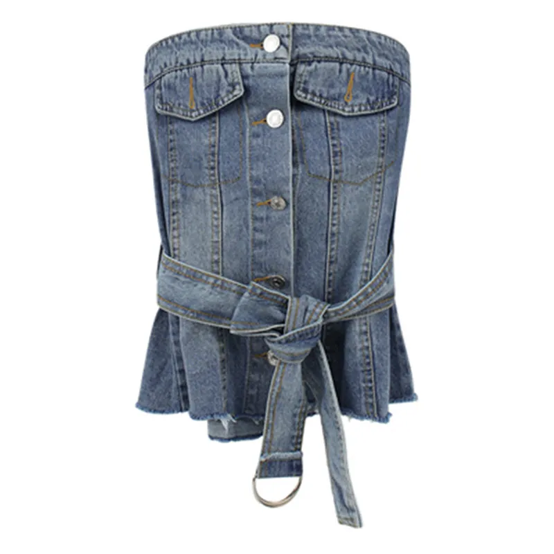 Blue Top Харадзюку, женские топы, Ретро стиль, высокая талия, галстук, джинсовый топ, тройники,, новая мода, корейский стиль, Ins, гранж, стиль, повседневные топы для женщин - Color: Blue Top