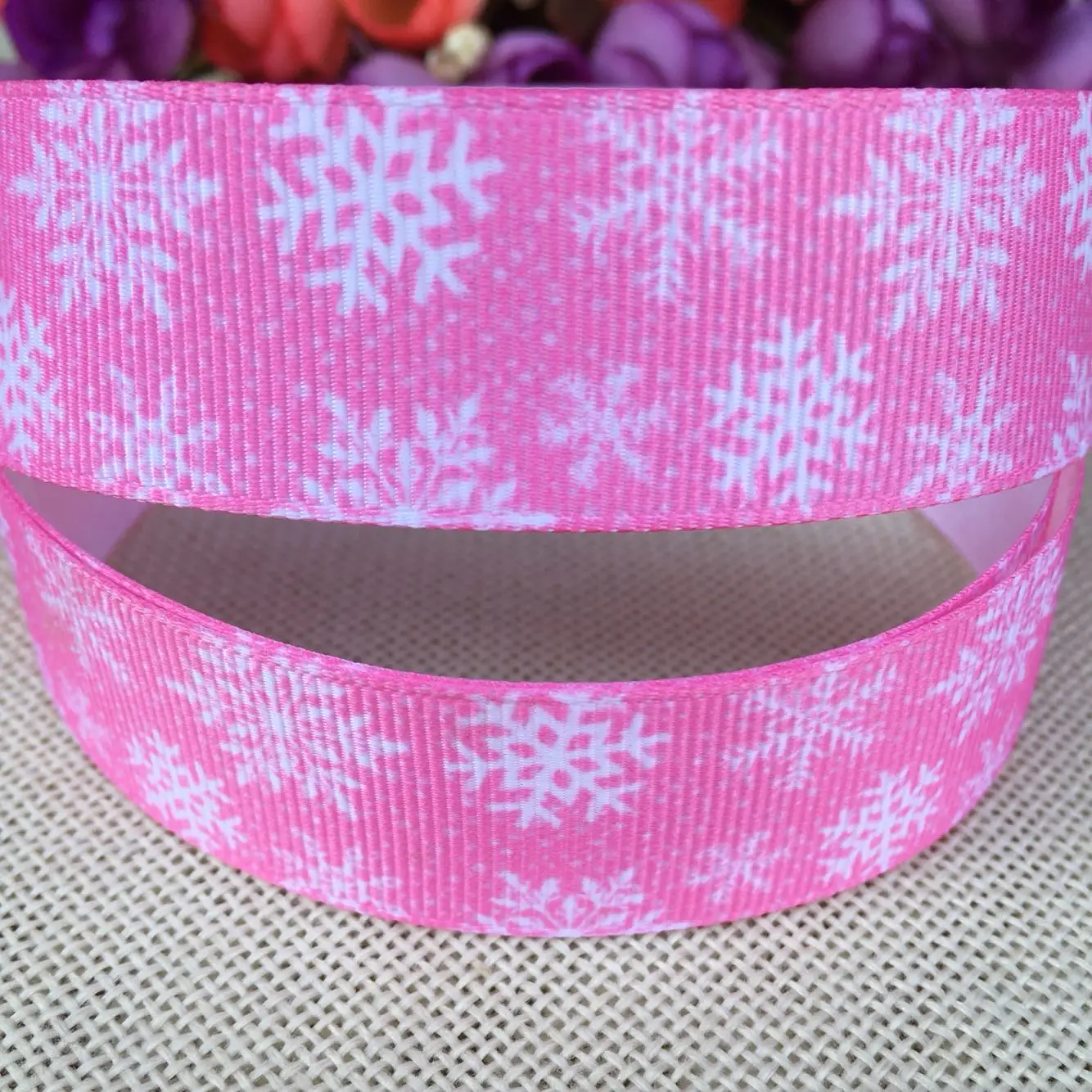 

1 "25MM Pink snowflake printed grosgrain ribbon hairbow headwear party decoration diy wholesale 21081302