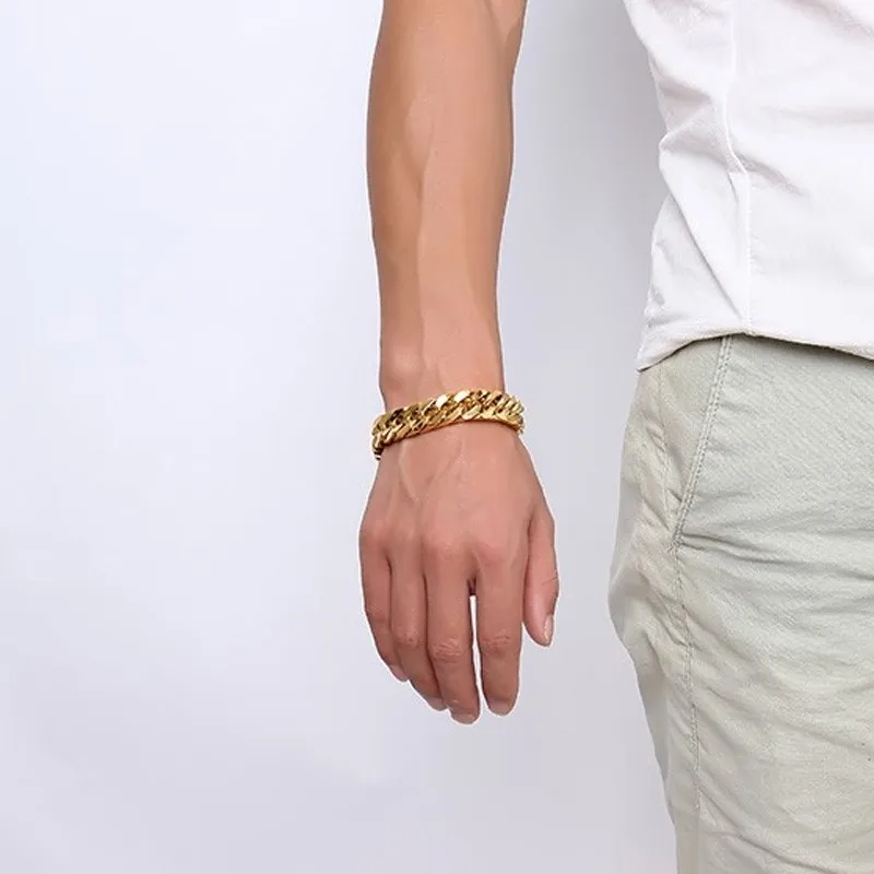 

NHGBFT 15MM Wide Chunky bracelet For Mens Gold Color Tone Stainless Steel Bike bracelet Chain