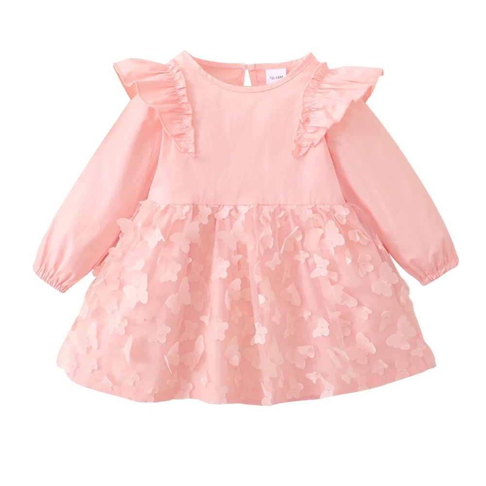 

Fashion Kid Girls Long Sleeve Butterfly Mesh Dress Solid Round Neck Short Pullover Spring Autumn Fit Flare A-Line Dress Clothes