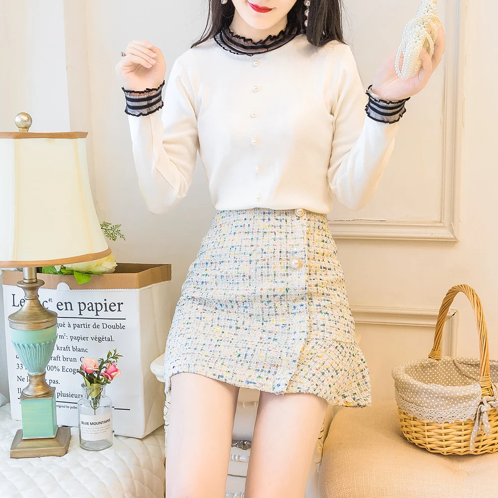 

Fall New White Gauze Skirt Fashion Suits Female Long Sleeve Sweater Knit Top Two Pcs Clothing Set Skirts Women Outfit Knitwear