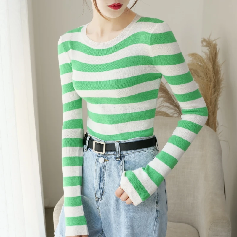

Women knitted cotton 2019 Women Sweater Autumn and Winter New stripe round neck Pullover Warm Soft Full Sleeve