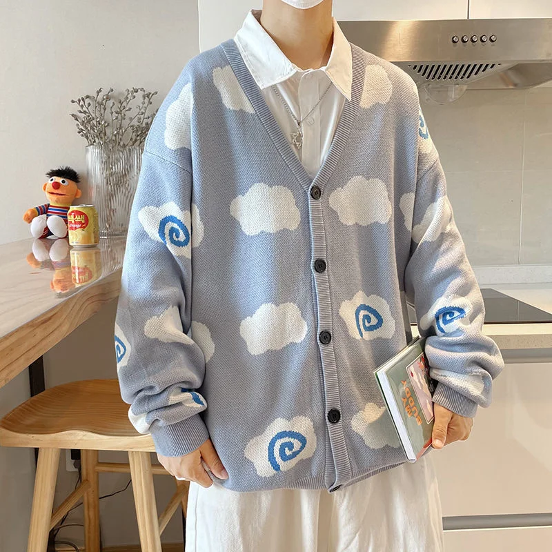 

Knitted Sweater Autumn Winter Long Sleeve Printed Cloud Tops High Street Fashion V-neck Cardigan Coat Loose Casual Male Clothes