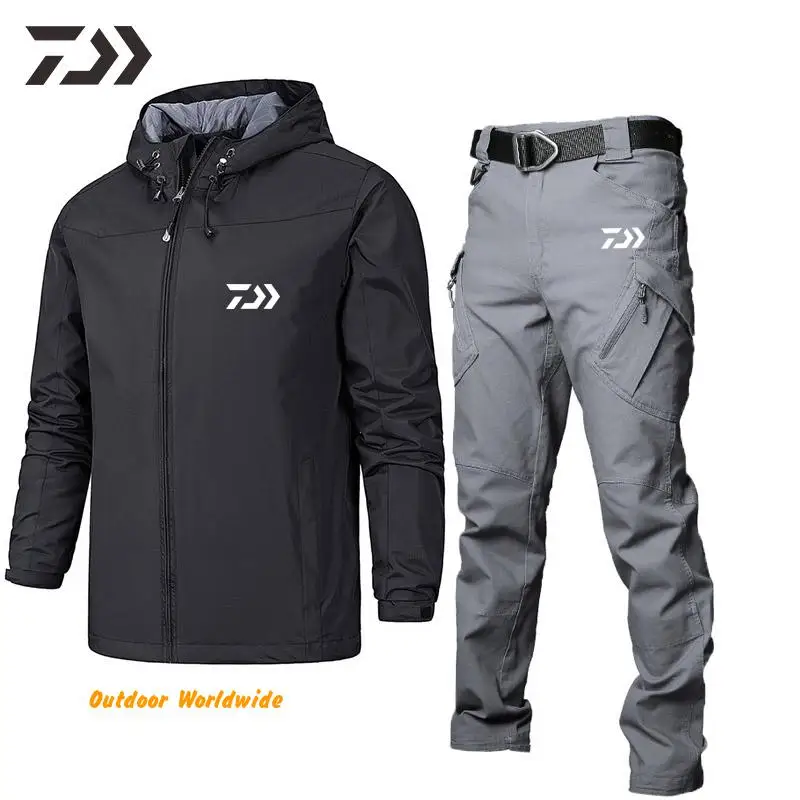 

2021 New Men Spring Daiwa Fishing Clothing Solid Hooded Black Blue Green Sport Fishing Suit Fishing Jacket Outdoor Sports Pants