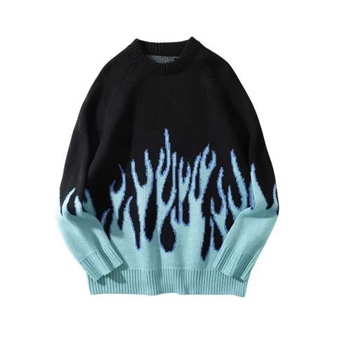 Мужской свитер темно-синего цвета с изображением пламени, уличная одежда для зимы 2019