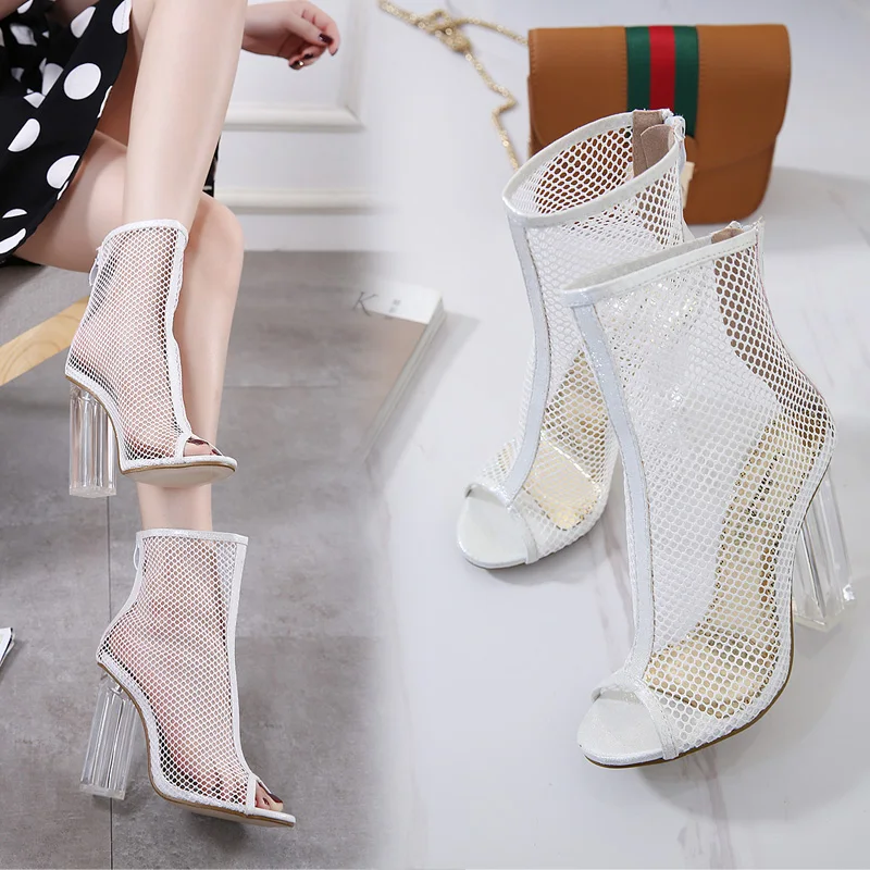 

NIUFUNI 2021 Peep Toe Mesh Women's Ankle Sandals Boots Back Zipper High Heels Crystal Casual Shoes For Women femmes bottes
