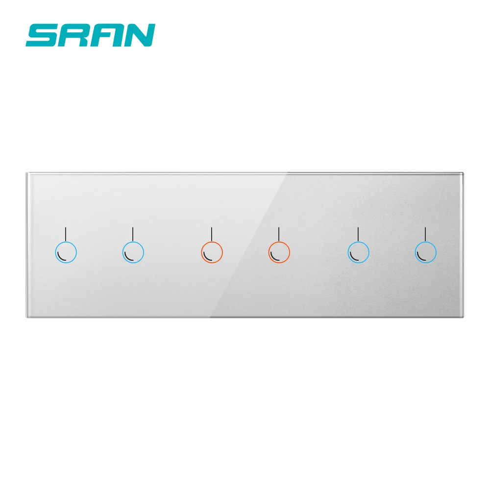 SRAN ЕС / ВЕЛИКОБРИТАНИЯ стандартный роскошный настенный 6 Gang switch strip черный стеклянная панель настенный светильник датчик сенсорный выключатель 3 рамка аксессуары для дома