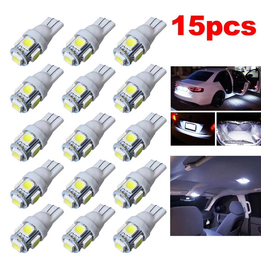 

15Pcs T10 LED Car Light Bulb White 5050 5SMD Wedge 1W 80LM194 168 2825 158 192 Width Indicator Light LED Bulb Car Accessories