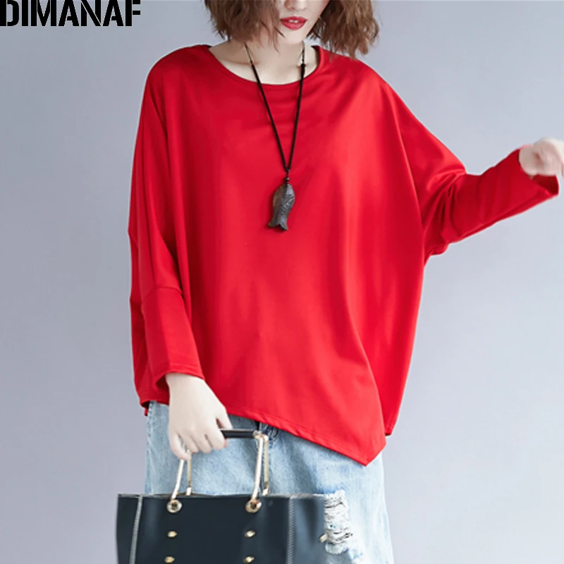 DMN8260-red DIMANAF, женские футболки, женские топы, футболки, женская одежда, базовые, одноцветные, свободные, рукав летучая мышь, размера плюс, Осенние, туники, рубашки - Цвет: DMN8260-red
