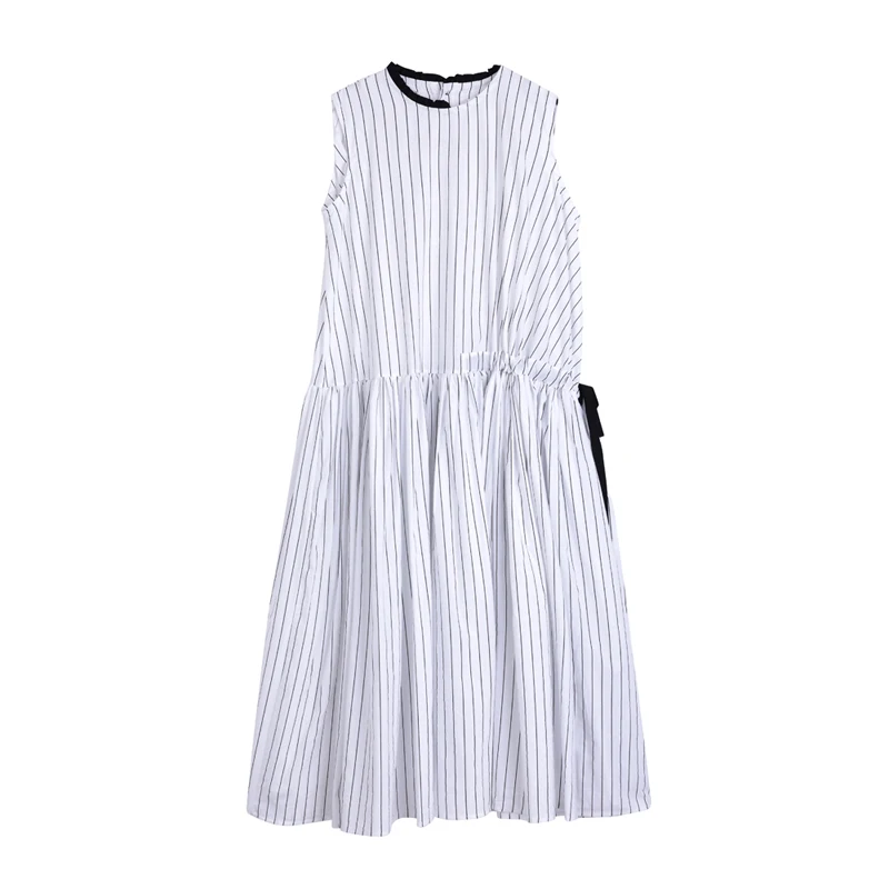 

Brand New Fashion Summer Women Dress X-Long Striped Sleeveless Back-Button White Adjustable Waist Female Lady Dresses Loose
