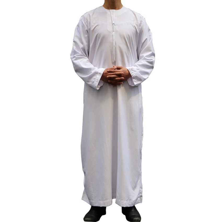 (12pieces/lot) Man Muslim Thobe Traditional Basic Style Solid White Long Gown String Pocket Design Islamic Clothing Wholesale