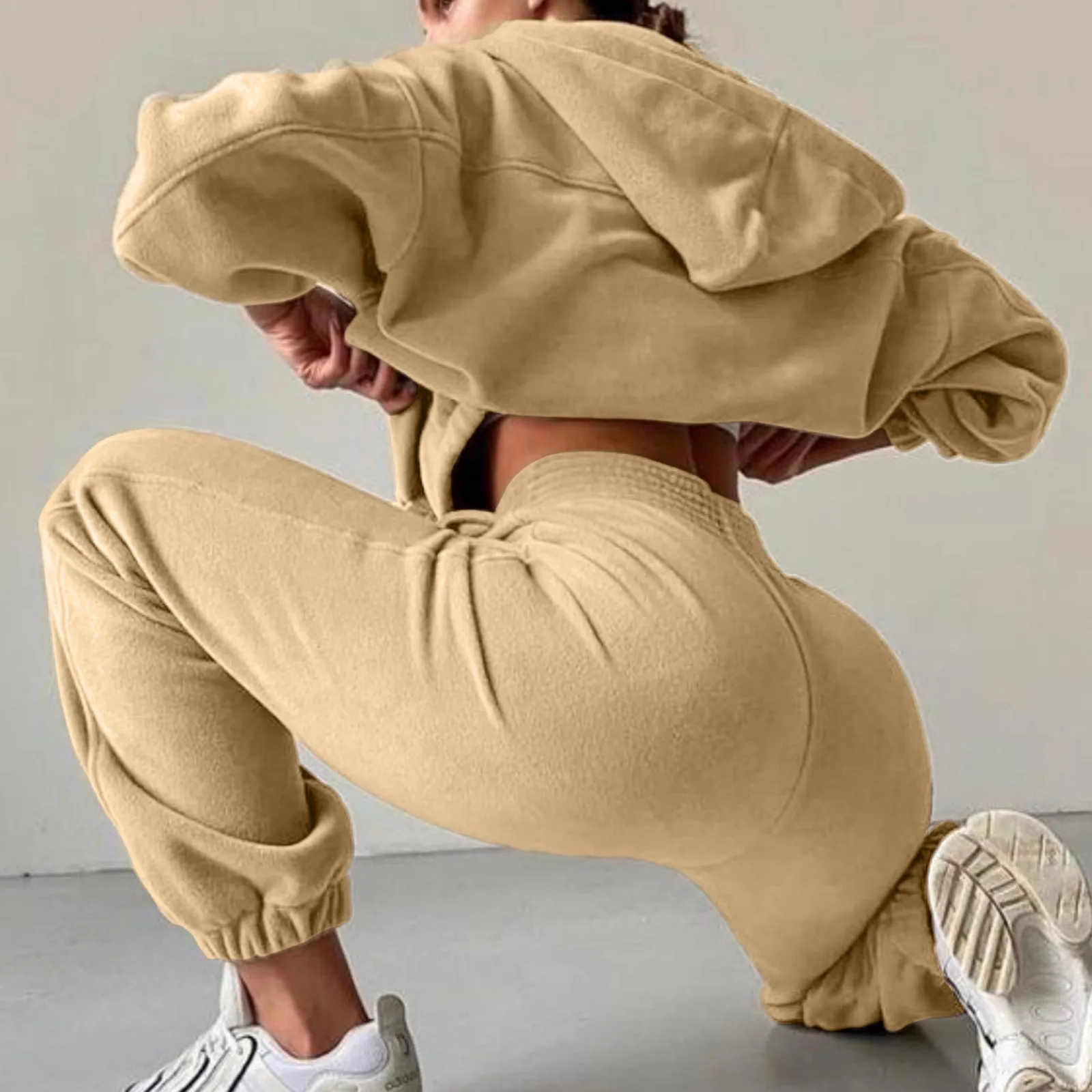 

Спортивный костюм женский однотонный, элегантный флисовый теплый костюм с капюшоном, модная кофта в Корейском стиле, комплект из 2 предмето...