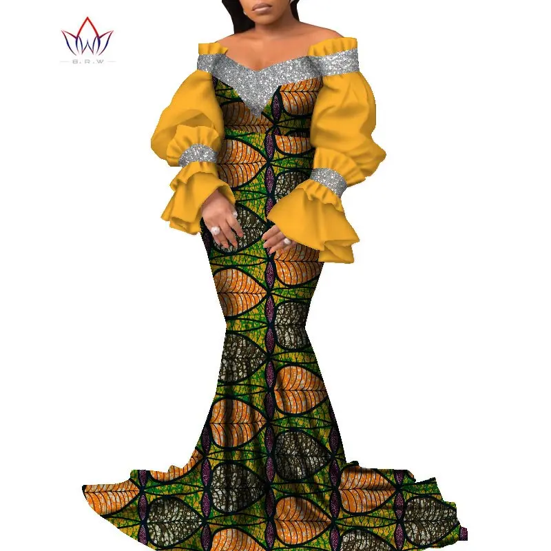 Bintarealwax Sexy Puff Sleeve Party Dress Elegant Africa Wax Print Vintage Dresses Women Strapless Floor- length Dress  WY8799