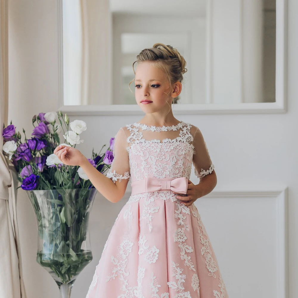 

Wholesale Fashion pink Baby flower Girl Wedding Party 3-10T kids dress