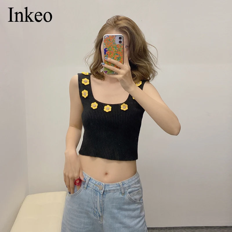 

Chic flower embroidery Women knitted crop top 2020 Summer U neck Slim Women sweater tops Party club Ladies vest Sexy INKEO 9T150