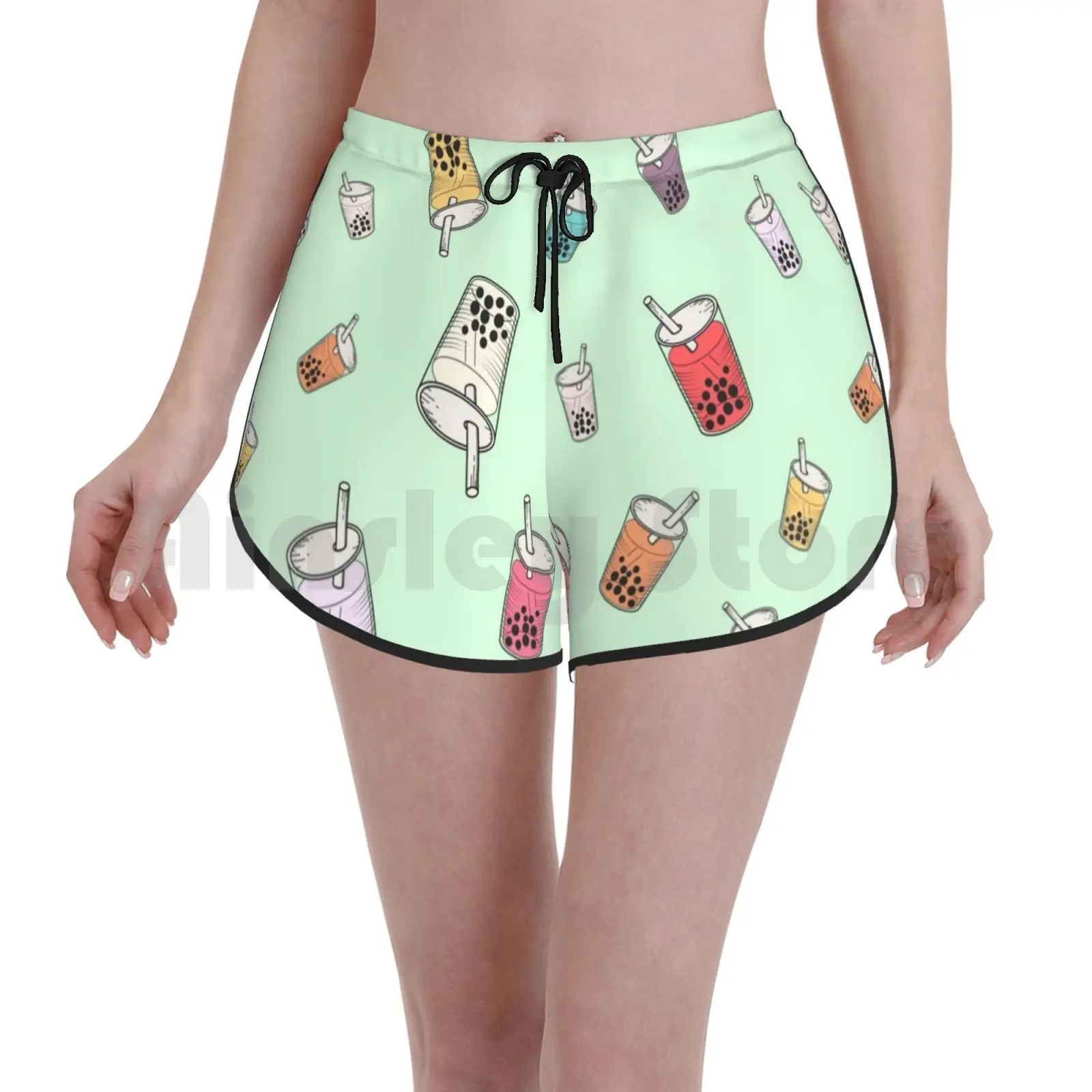 

Colorful Boba Bubble Tea Green Pattern Swim Shorts Women Beach Shorts Boba Boba Tea Bubble Tea Tiger Sugar Thai Tea