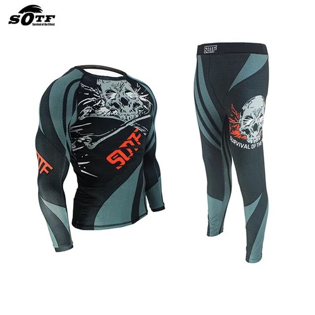 Suotf MMA тренировочный компрессионный Джерси и брюки, стреч череп Рашгард, KickBoxing, плотная длинная футболка для фитнеса, Муай Тай, одежда для фитнеса