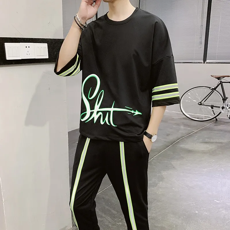 Мужской спортивный костюм на завязках свободная футболка со светоотражающими