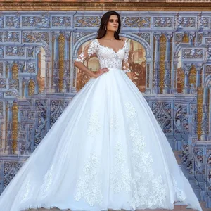 Кружевное свадебное платье А-силуэта, с аппликацией, рукавом 2020 и шлейфом, G0926