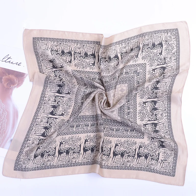 

Four Season Fresh Faux Silk Satin Square Scarf Deer Print Decoration Headscarf Ladies 53*53 CM