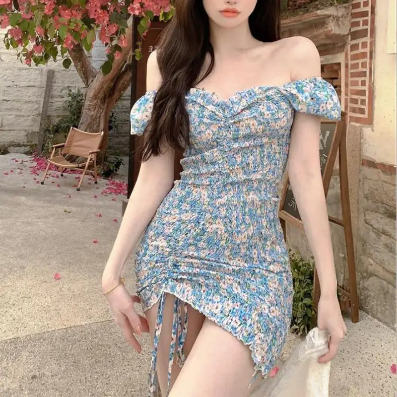 

Women's Summer Vintage Print Sexy V-neck Short Sleeve Hip Fold Drawstring Bodycon Mini Dress Fashion Holiday Party Vestidos
