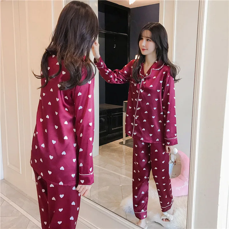 Spring Autumn New Pajamas Women's Suit Long-Sleeved 2-Piece Set Faxu Silk Turn-down Collar Leisure Women Pijamas Loungewear