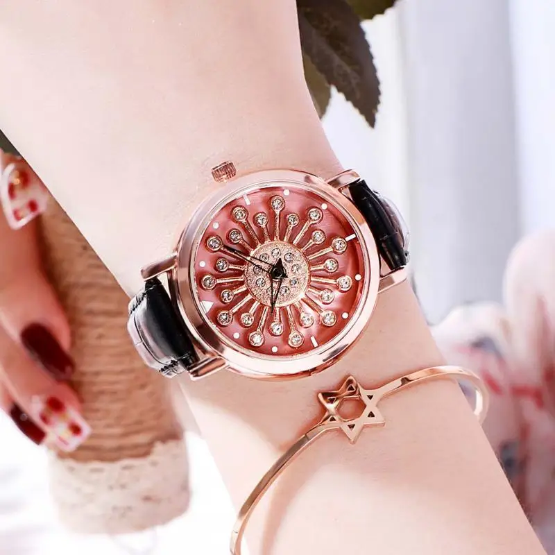 Женские наручные часы с цветком роскошные кожаные цвета розового золота пряжкой