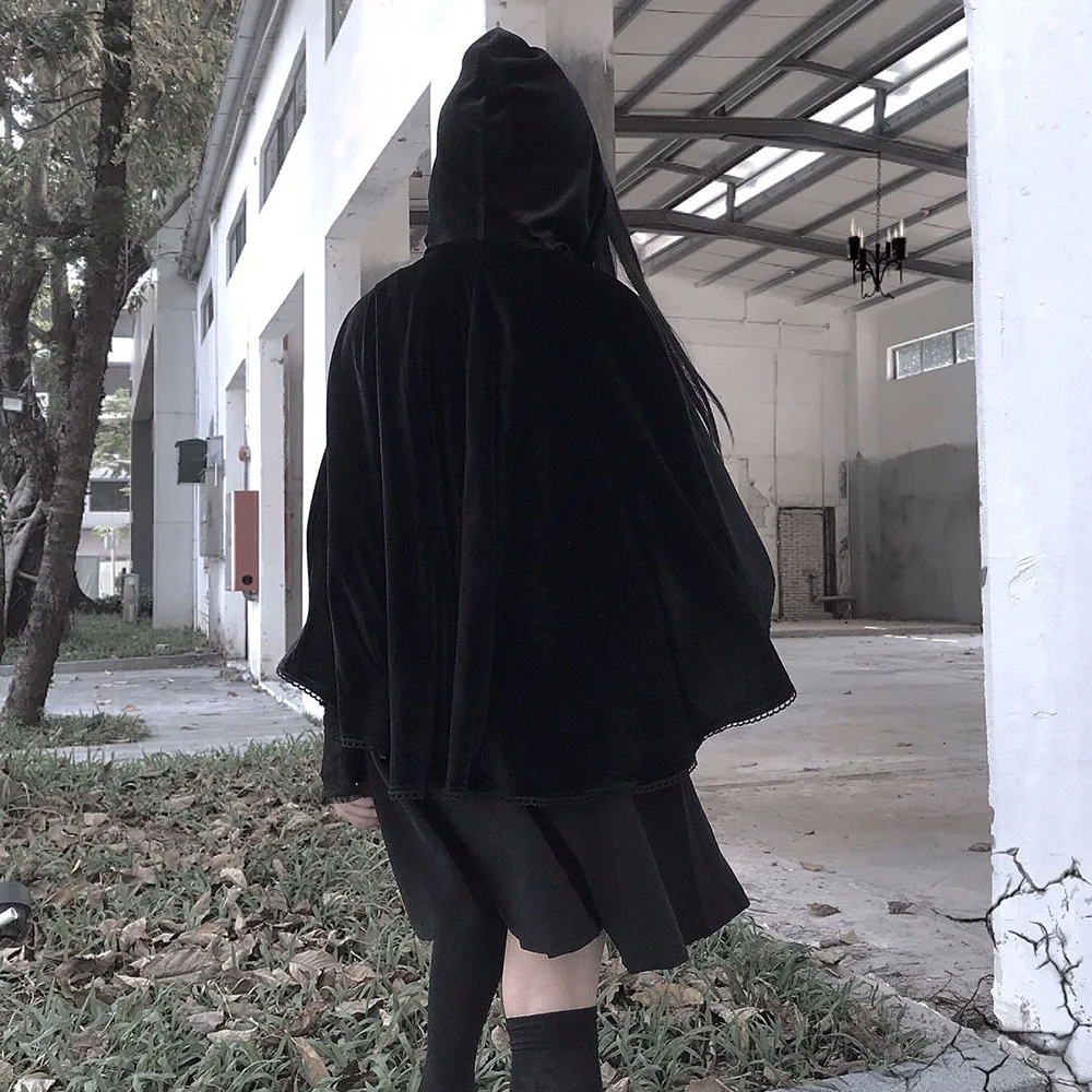 Зимняя Готическая накидка пальто вельветовый плащ на Хэллоуин с капюшоном