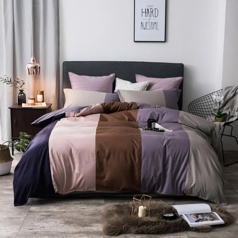 

100% Cotton bedding set Duvet cover Bed sheets set coffee gray purple twin queen king size kids adults Stitching solid color