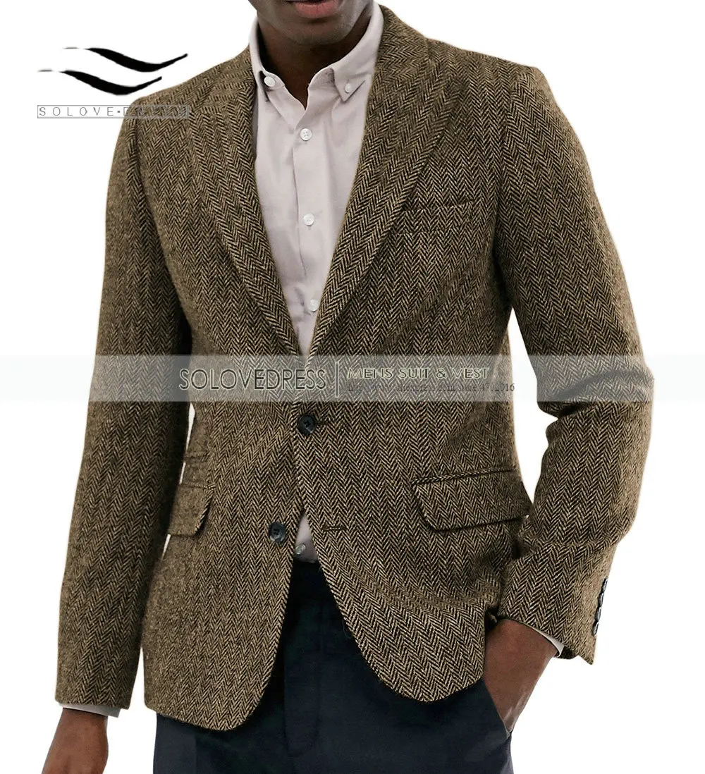 

Formal Jacket Men's Wool Suits Bussiness Prom Green Tuxedos One Piece Herringbone Patterned Blazer for Wedding Groomsmen