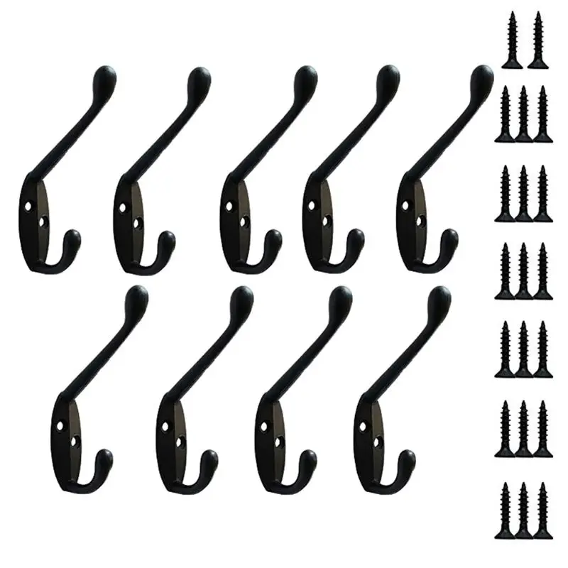 

9 Pack Coat Hooks Wall HooksHeavy Duty Wall Mounted for Hat Hardware Dual Prong Retro Coat Hanger with 20 Screws（Black/Gold）